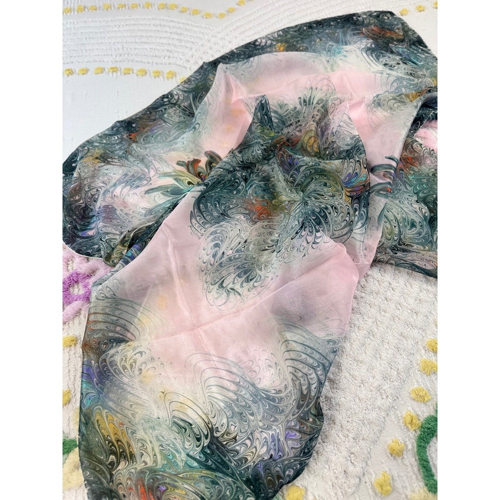 Vintage 100% Silk Scarf Hand Rolled Made in Japan Pink Green Marbled Print 31x31 - Picture 9 of 10